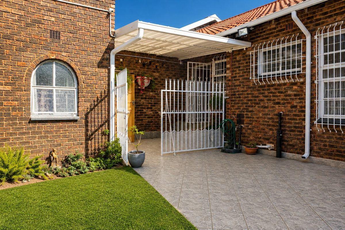 A well-maintained rear exterior area featuring a tiled patio, covered walkway, face brick walls, and secure window bars.