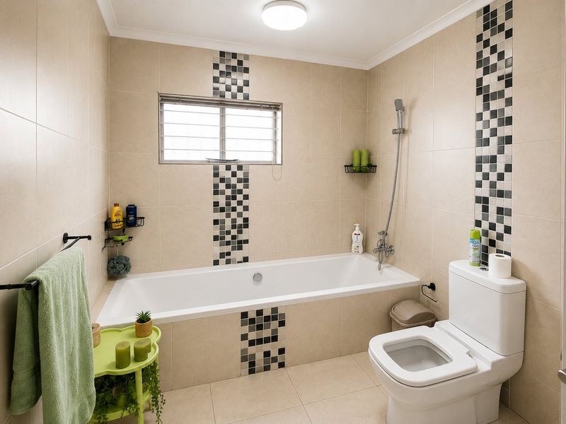 A functional bathroom featuring a bathtub with shower attachment, a toilet, and neutral wall tiling with decorative mosaic accents.