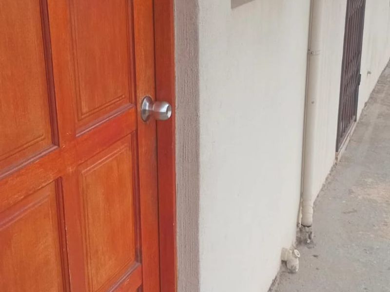 Exterior view of an apartment entrance featuring a timber panel door, security gate, and concrete walkway with visible wear to the building base.