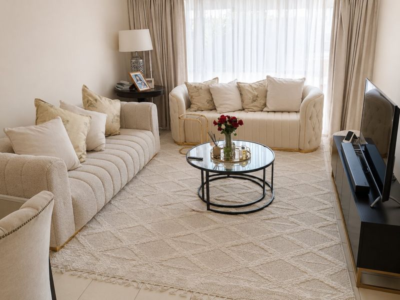 A well-maintained living room featuring neutral tiled flooring and large windows with integrated curtain tracks, creating a bright and inviting atmosphere.