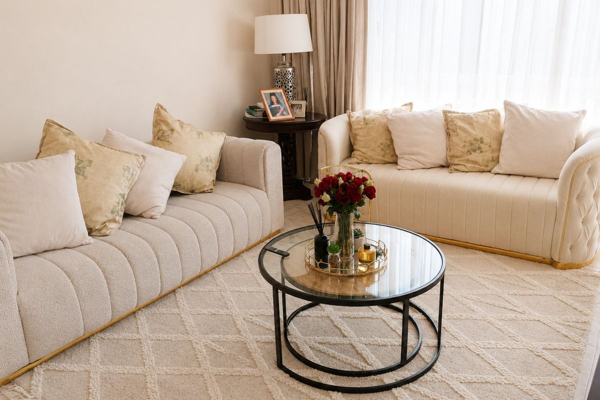 A well-lit living room area featuring neutral tones, soft textures, and large windows with floor-to-ceiling curtains.