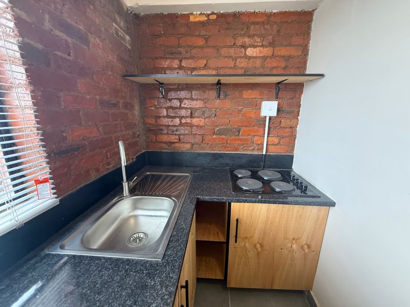 Compact kitchen area featuring exposed brick walls, a stainless steel sink, electric hob, and basic wooden cabinetry with open shelving.