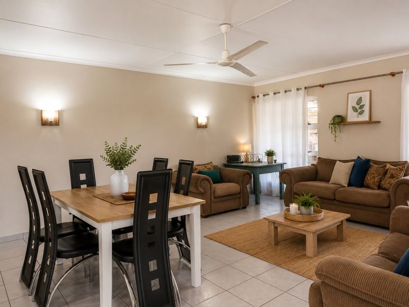An open-plan living and dining area featuring neutral wall tones, tiled flooring, a ceiling fan, and wall-mounted lighting fixtures.