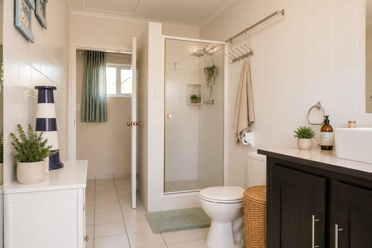 A clean, well-maintained bathroom featuring a glass-enclosed shower, modern vanity with countertop basin, and neutral wall tiling.