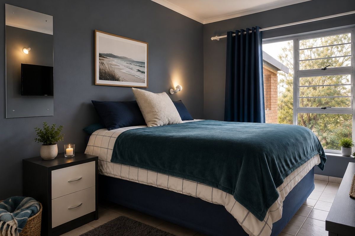 A well-maintained bedroom featuring tiled flooring, dark accent walls, and a large window with security bars providing natural light.