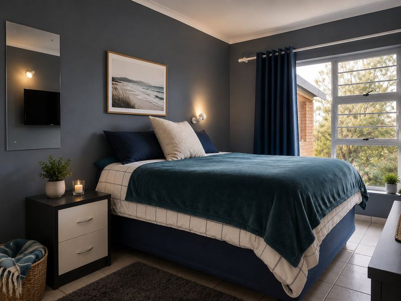 A well-maintained bedroom featuring tiled flooring, dark accent walls, and a large window with security bars providing natural light.