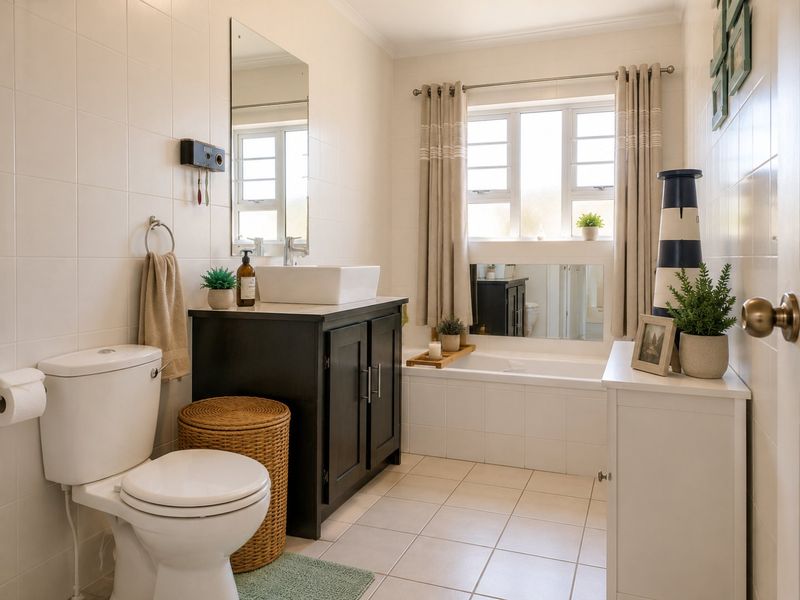 A well-maintained bathroom featuring a built-in vanity with a vessel sink, a tiled bathtub, and neutral wall tiling.