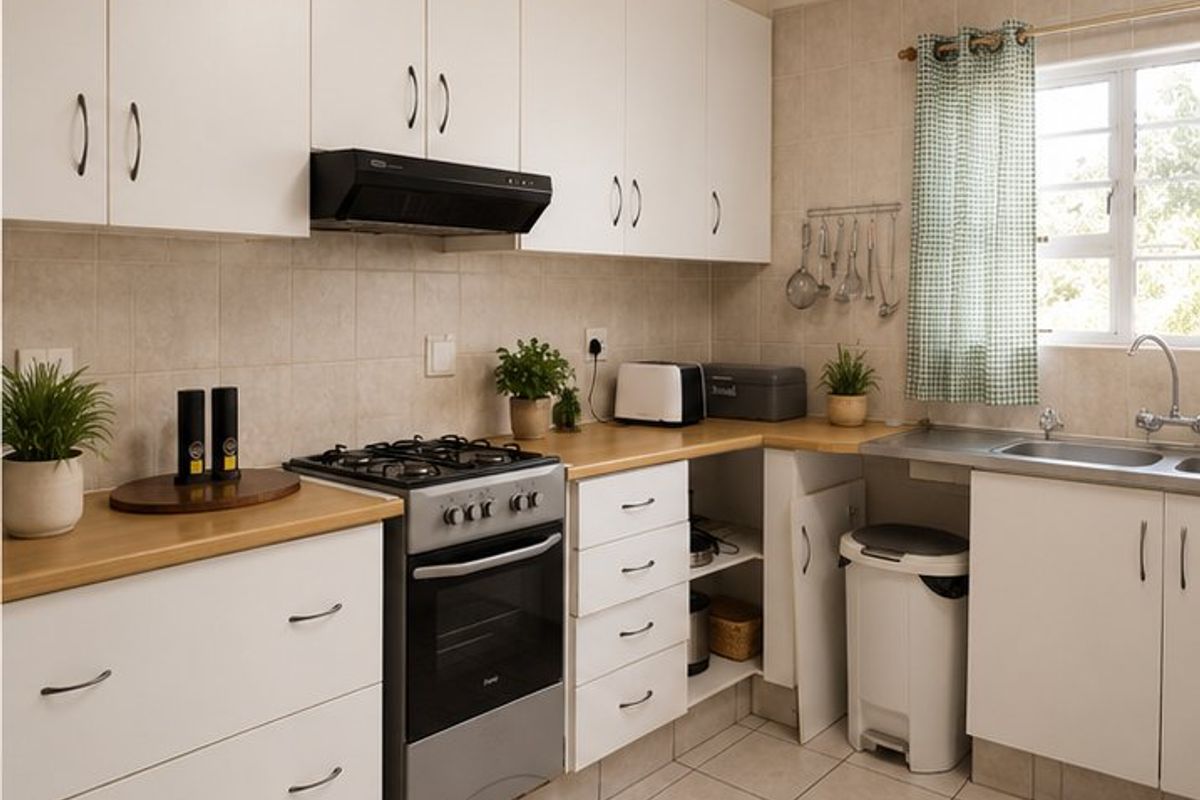 A functional kitchen featuring white cabinetry, laminate countertops, a gas stove with extractor fan, and tiled finishes throughout.