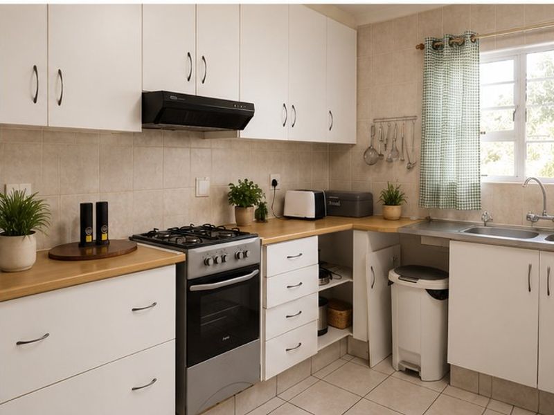 A functional kitchen featuring white cabinetry, laminate countertops, a gas stove with extractor fan, and tiled finishes throughout.