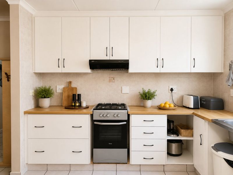 A clean, well-maintained kitchen featuring white cabinetry, wooden countertops, a gas stove with an extractor fan, and neutral tiled backsplash.