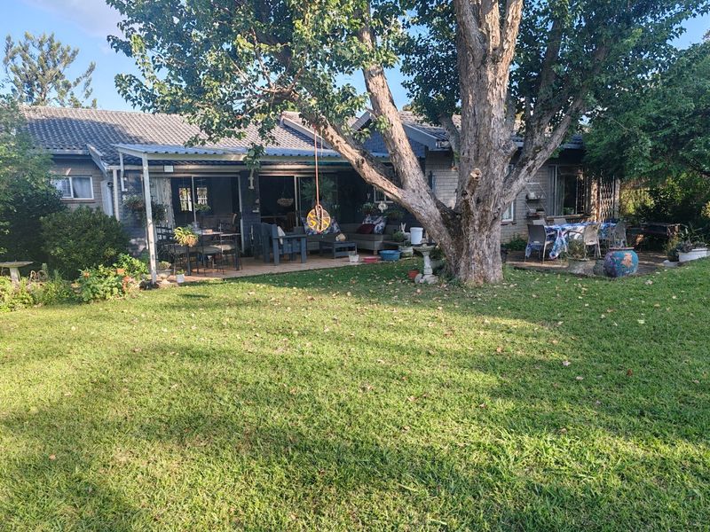 A view of the rear garden featuring a large mature tree, a paved patio area, and a covered outdoor space attached to the house.