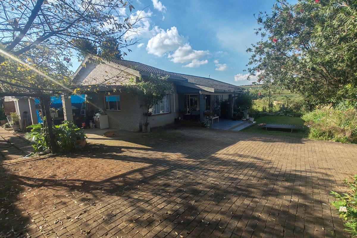 A view of the rear exterior of the house featuring a paved driveway, covered patio area, and a spacious garden.
