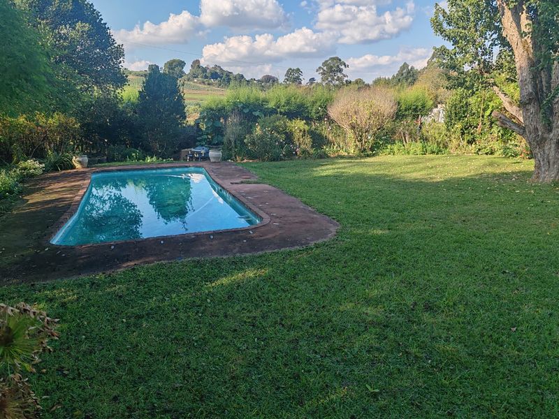 A spacious backyard featuring a swimming pool with a concrete surround, set within a well-established garden with mature trees and scenic rural views.