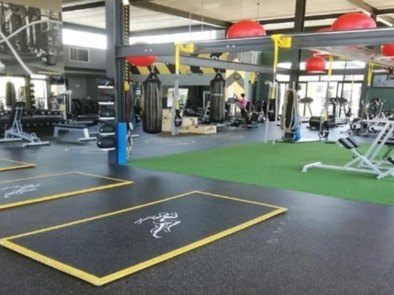 A spacious, well-equipped commercial-style gym featuring rubberized flooring, artificial turf zones, and exposed industrial steel structural elements.