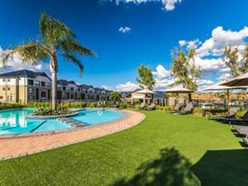 A well-maintained communal swimming pool area featuring paved surrounds, landscaped gardens, and palm trees within an apartment complex.