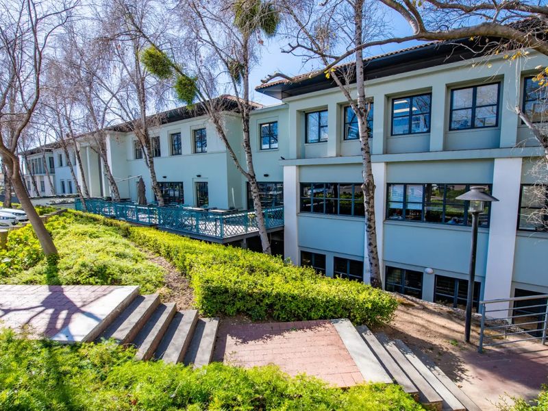 Rear view of a commercial building featuring a raised patio area, landscaped garden, and paved access stairs with multi-level architectural facade.