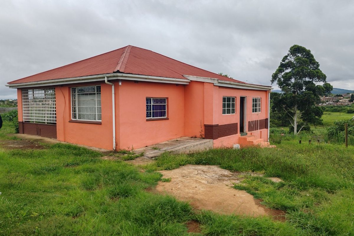 Rear view of a detached house featuring a corrugated metal roof, security bars on windows, and a concrete access ramp set on a grassy plot.