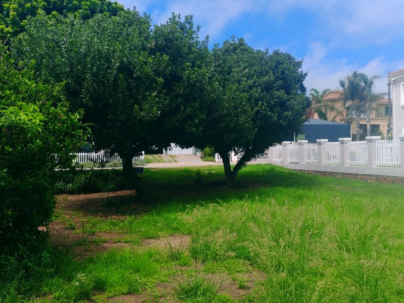 A view of a residential garden plot featuring mature trees, established lawn, and a white picket fence boundary.