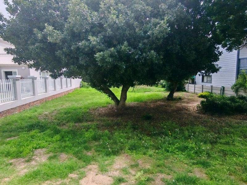 A residential garden area featuring mature trees, enclosed by a combination of picket fencing and precast concrete boundary walls.