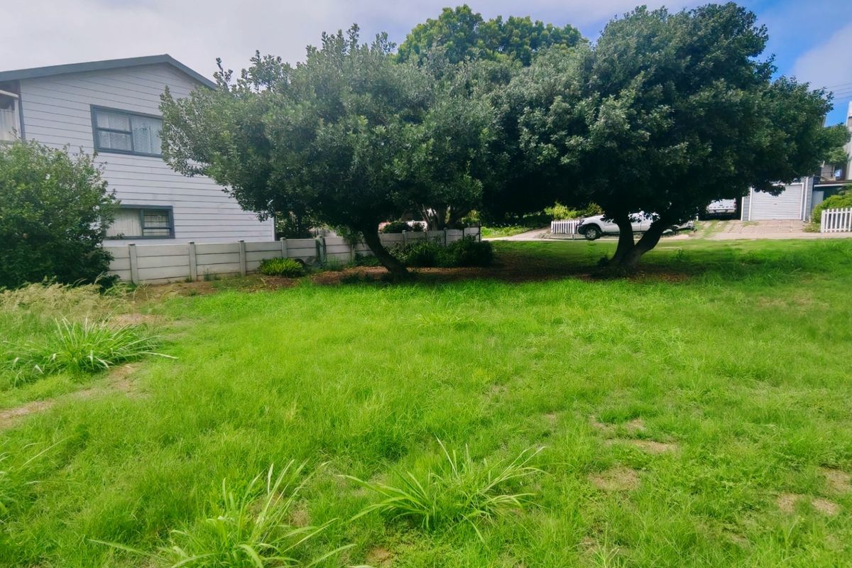 A spacious residential garden area featuring a grass lawn, mature trees, and a precast concrete boundary wall.