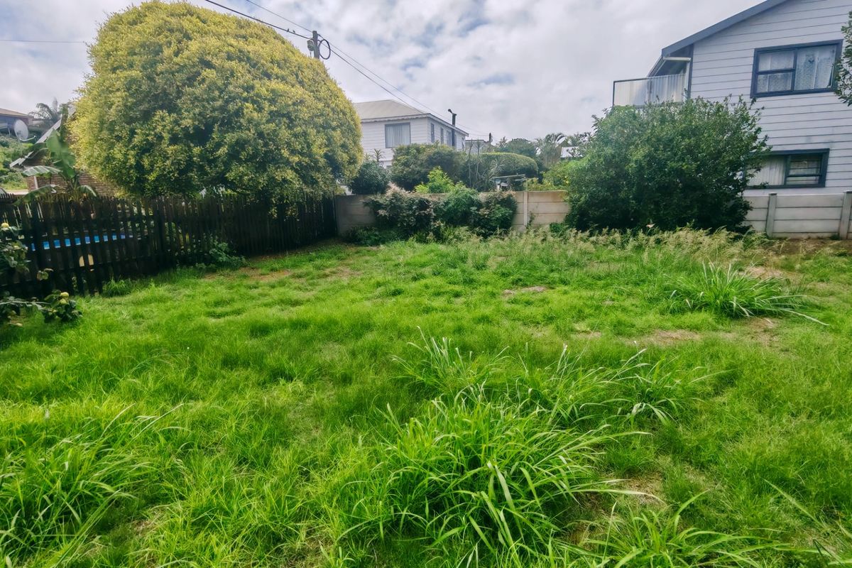 A residential backyard featuring an overgrown lawn, enclosed by a timber fence and precast concrete boundary walls.