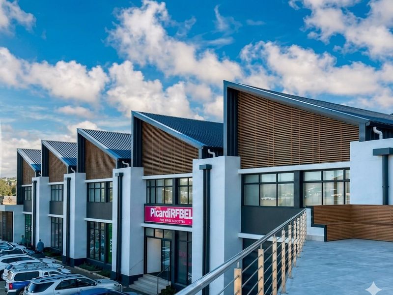 Modern commercial building facade featuring distinctive sawtooth roof design, timber louvre detailing, and an elevated concrete access ramp with stainless steel balustrades.