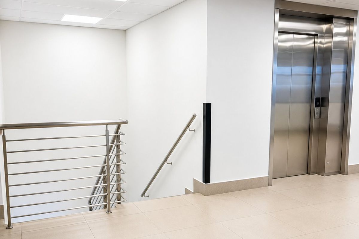 Modern commercial hallway featuring a stainless steel elevator, matching balustrade, clean tiled flooring, and recessed ceiling lighting.