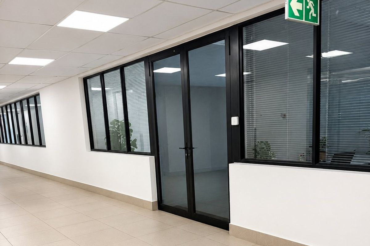 A modern commercial hallway featuring ceramic tiled flooring, suspended ceiling with recessed lighting, and black aluminium framed glass partitions leading to office spaces.