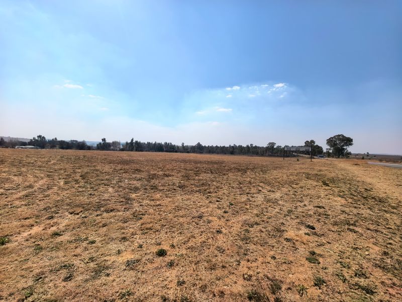 A wide-angle view of a large, flat, vacant residential plot of land with dry grass and clear horizon.