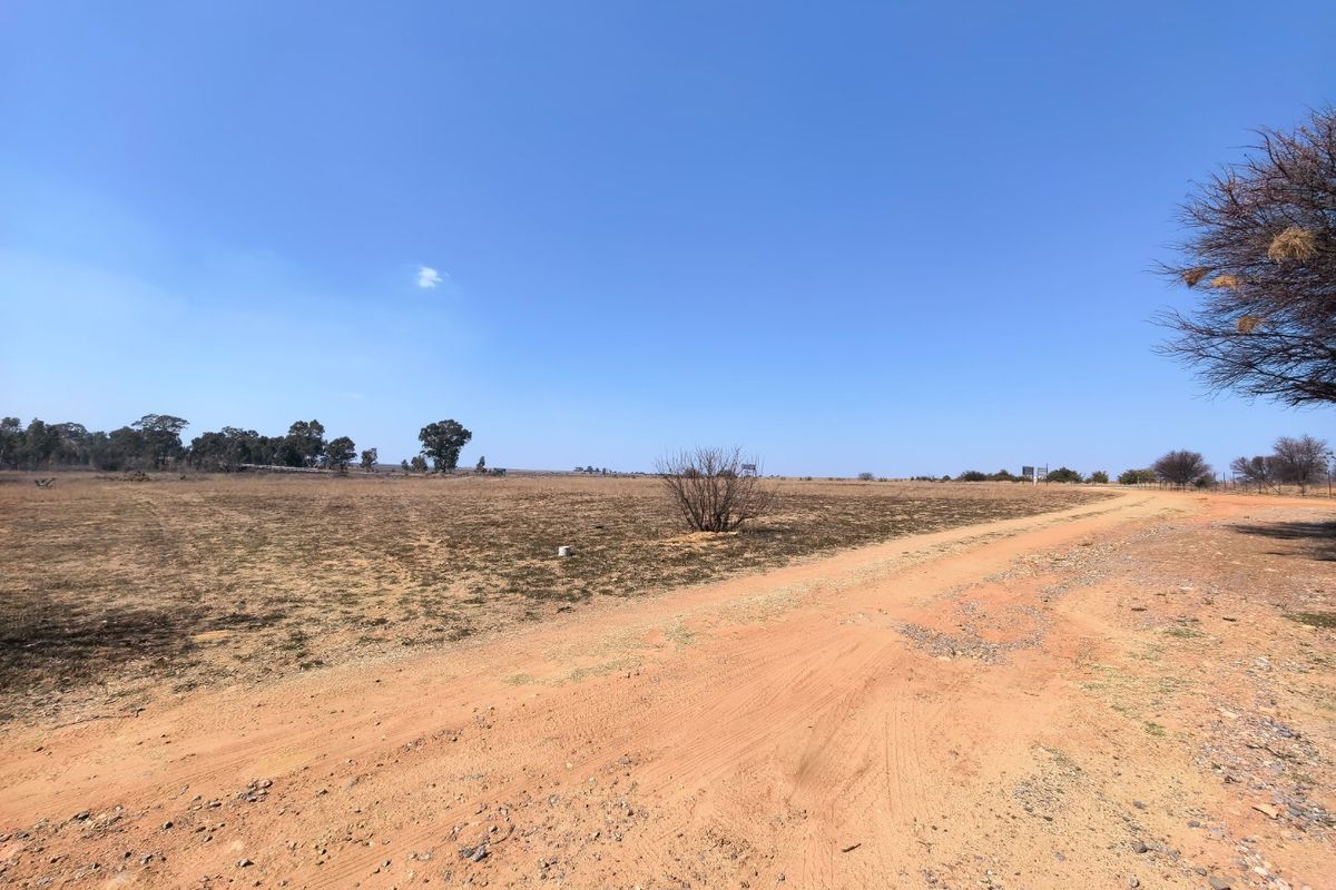 A wide-angle view of a vacant residential plot featuring a dirt access road and open, undeveloped land under a clear blue sky.
