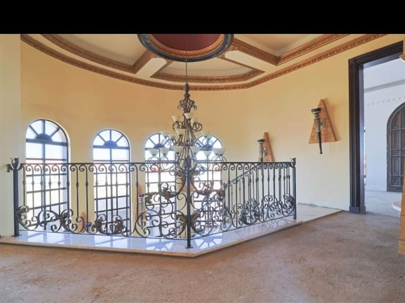 Spacious landing or hallway featuring an ornate wrought iron balustrade, arched windows, and a decorative coffered ceiling with a central medallion.