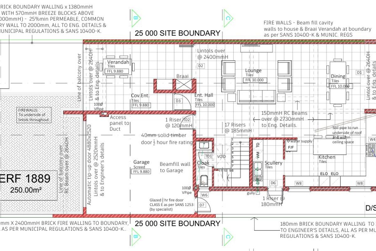 Architectural floor plan for Erf 1889, detailing the layout of the house, including living areas, kitchen, garage, and boundary specifications.