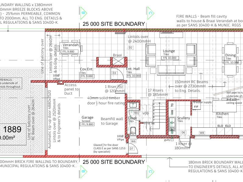 Architectural floor plan for Erf 1889, detailing the layout of the house, including living areas, kitchen, garage, and boundary specifications.
