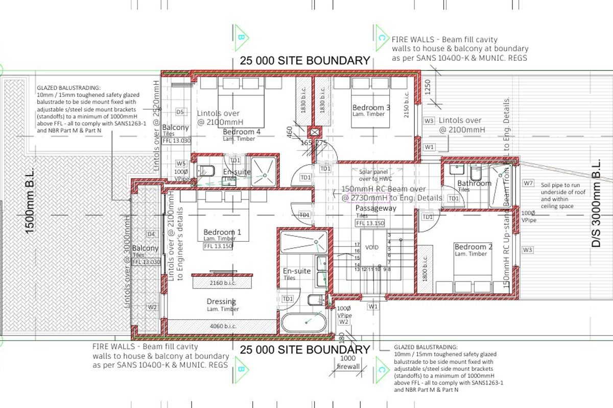 Architectural floor plan detailing the layout of the upper level, including four bedrooms, en-suite bathrooms, balconies, and structural specifications.