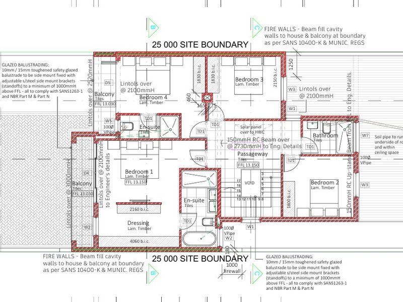 Architectural floor plan detailing the layout of the upper level, including four bedrooms, en-suite bathrooms, balconies, and structural specifications.