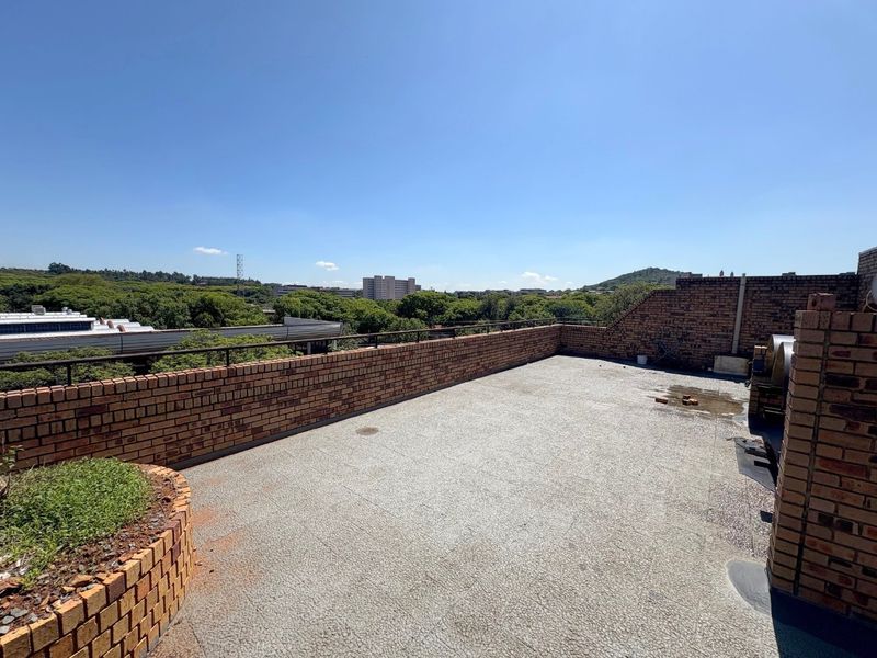 Spacious open-air rooftop terrace featuring brick perimeter walls, metal railings, and a built-in planter, offering expansive views of the surrounding area.