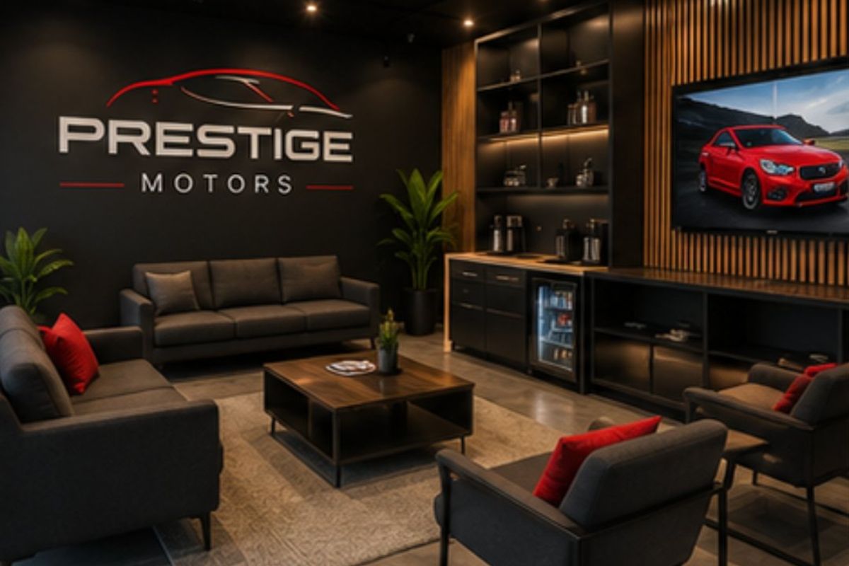 Modern commercial lounge area featuring polished concrete floors, custom slatted timber wall paneling, integrated cabinetry with beverage fridge, and professional recessed track lighting.