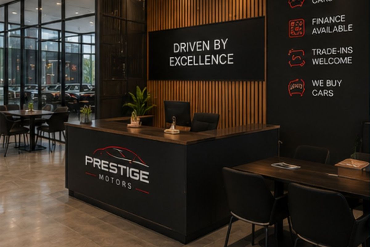 Modern commercial reception area featuring a branded desk, slatted timber feature wall, recessed lighting, and sleek glass partitions in a professional showroom setting.