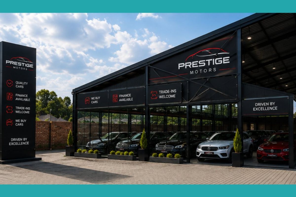 Modern commercial vehicle showroom featuring a steel and glass structure, paved frontage, and prominent branding signage.