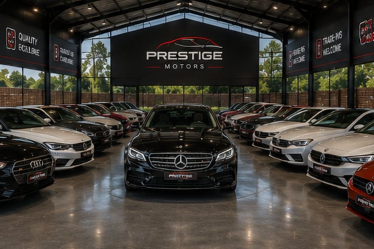 A spacious commercial showroom featuring polished concrete floors, exposed steel roof trusses, and large glass windows, currently utilized for vehicle display.
