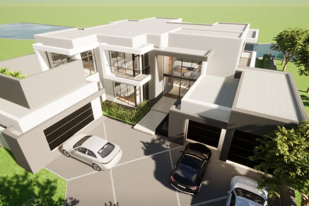 An aerial perspective of a modern luxury residential property featuring a multi-car garage, clean architectural lines, and expansive glass elements.