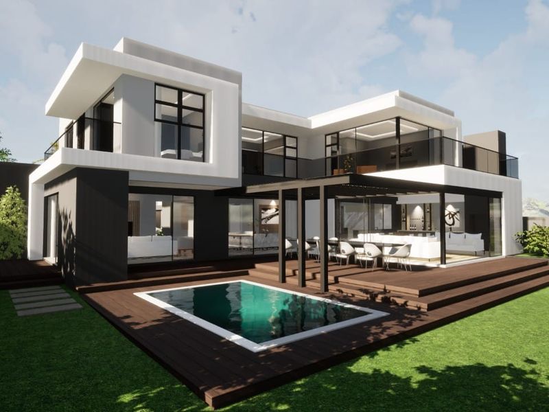A modern architectural rendering of a luxury rear exterior featuring a swimming pool, expansive timber decking, and a covered patio area.