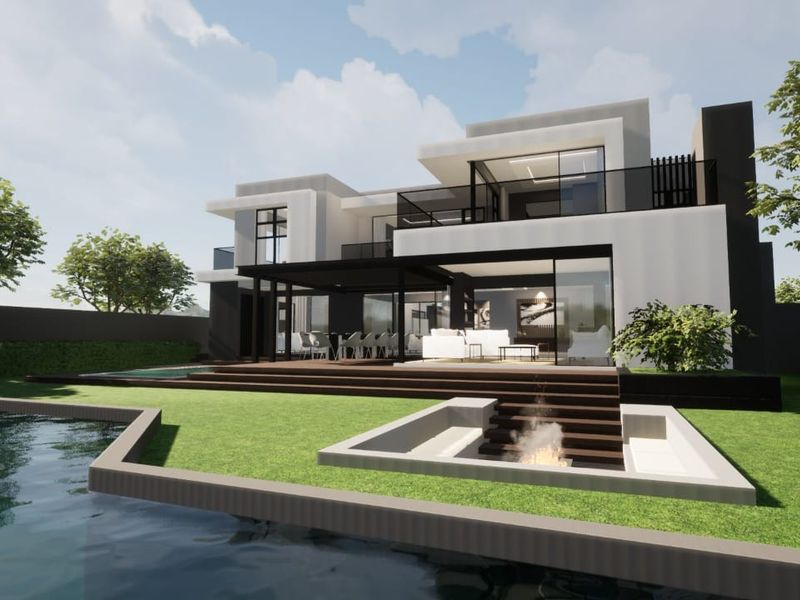 A modern architectural rendering of a luxury rear exterior featuring a swimming pool, sunken fire pit, timber decking, and a spacious covered patio area.