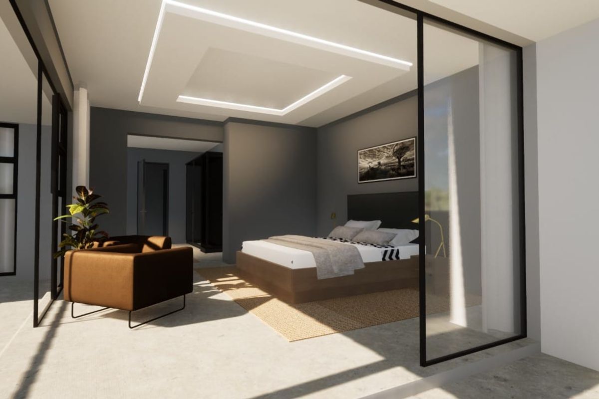A modern bedroom featuring a glass partition wall, recessed ceiling lighting, and contemporary finishes in a spacious, open-plan layout.