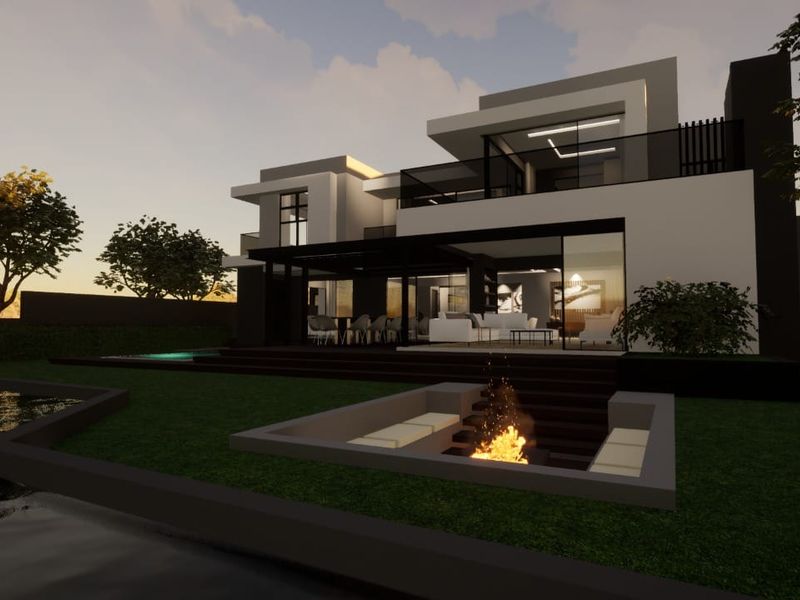 A modern architectural rendering of a luxury residence featuring a sunken fire pit, swimming pool, and expansive covered patio area.