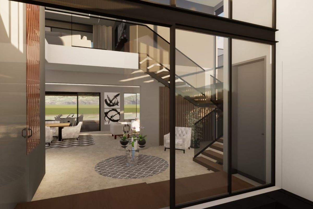 A modern, open-plan living area featuring a striking staircase with glass balustrades, high ceilings, and expansive windows that provide abundant natural light.