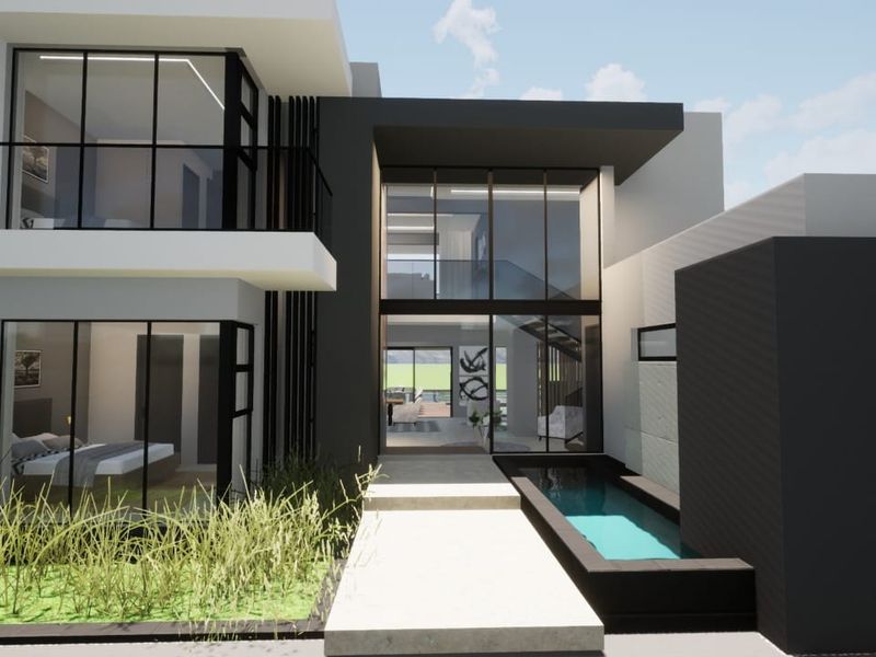A modern architectural front elevation featuring clean lines, large glass windows, a sleek water feature, and a concrete entrance walkway.