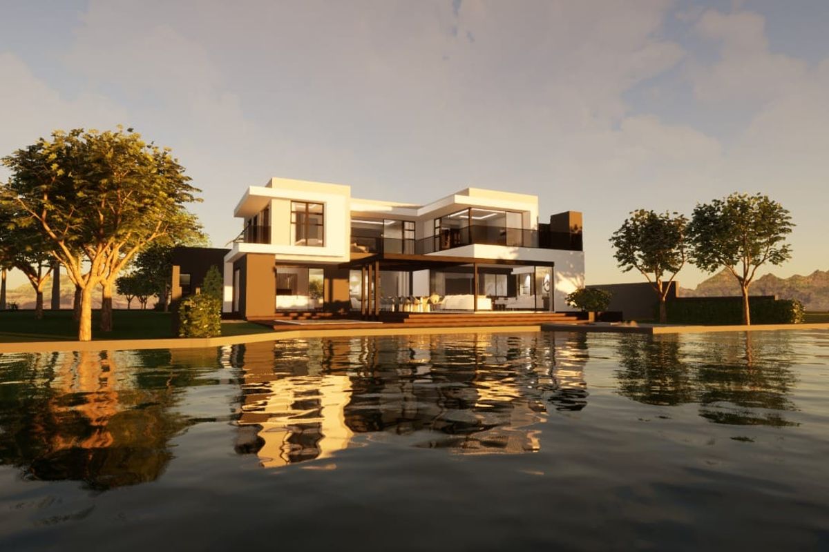 A modern luxury residence featuring a spacious rear patio, large glass sliding doors, and a swimming pool overlooking a scenic landscape.
