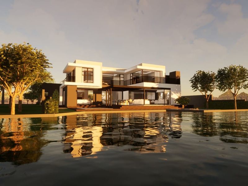 A modern luxury residence featuring a spacious rear patio, large glass sliding doors, and a swimming pool overlooking a scenic landscape.