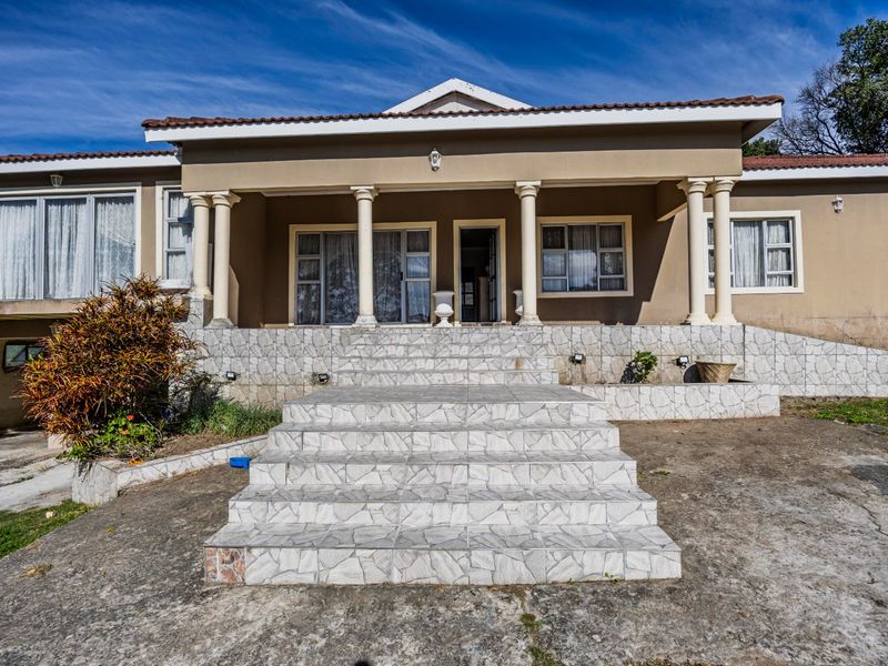 Front elevation of a house featuring a covered veranda with classical columns, a tiled staircase, and a concrete driveway.